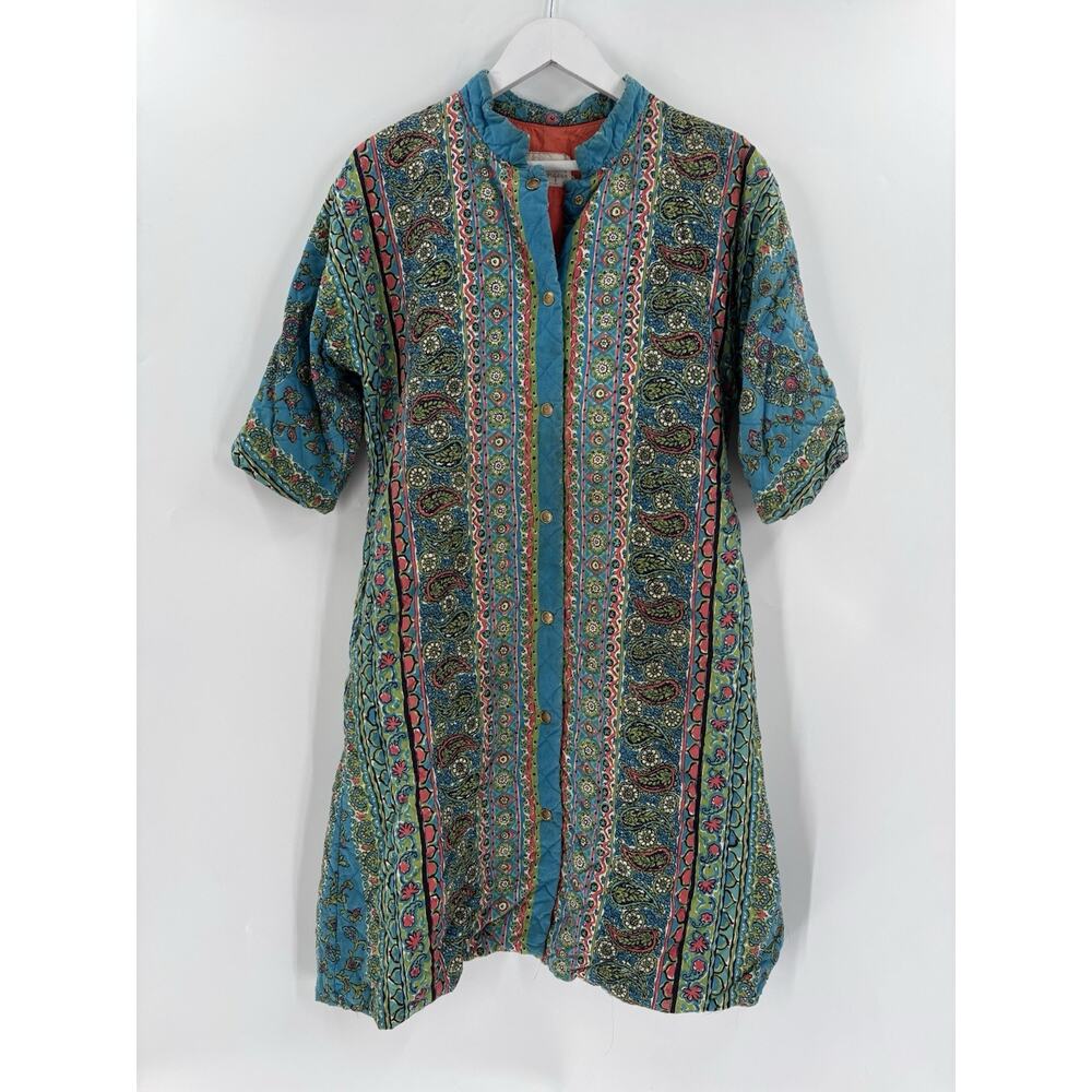 Vintage Loungees House Coat Womens Small Blue Floral Paisley Snap Button Quilted